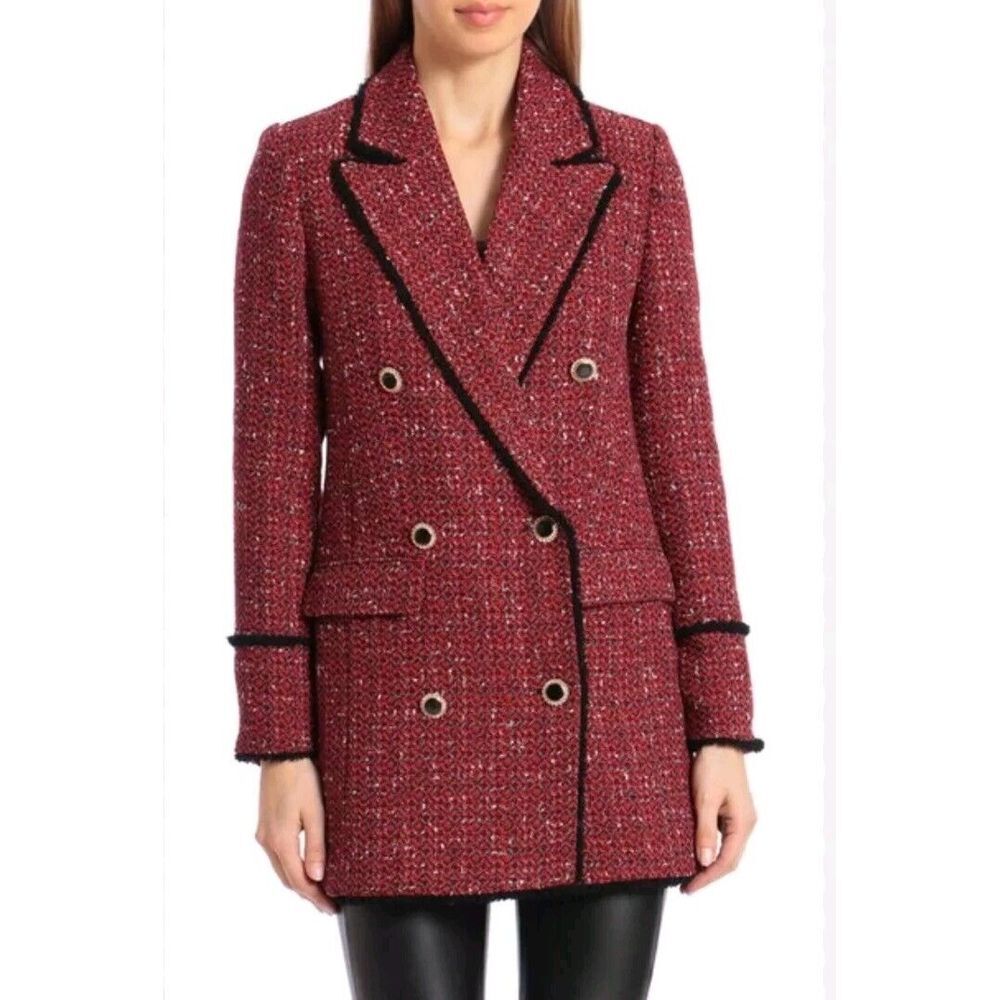 Avec Les Filles Double Breasted Blazer Tweed Red Wool Blend Womens Medium